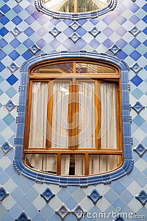 Antonio Gaudi house Casa Batllo interior details â€“ widow in inner second-level space Editorial Stock Photo